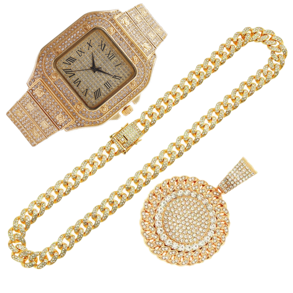 2pcs Iced Out Watch Necklace P - مراجعة Luxury Watch Miami وسعره