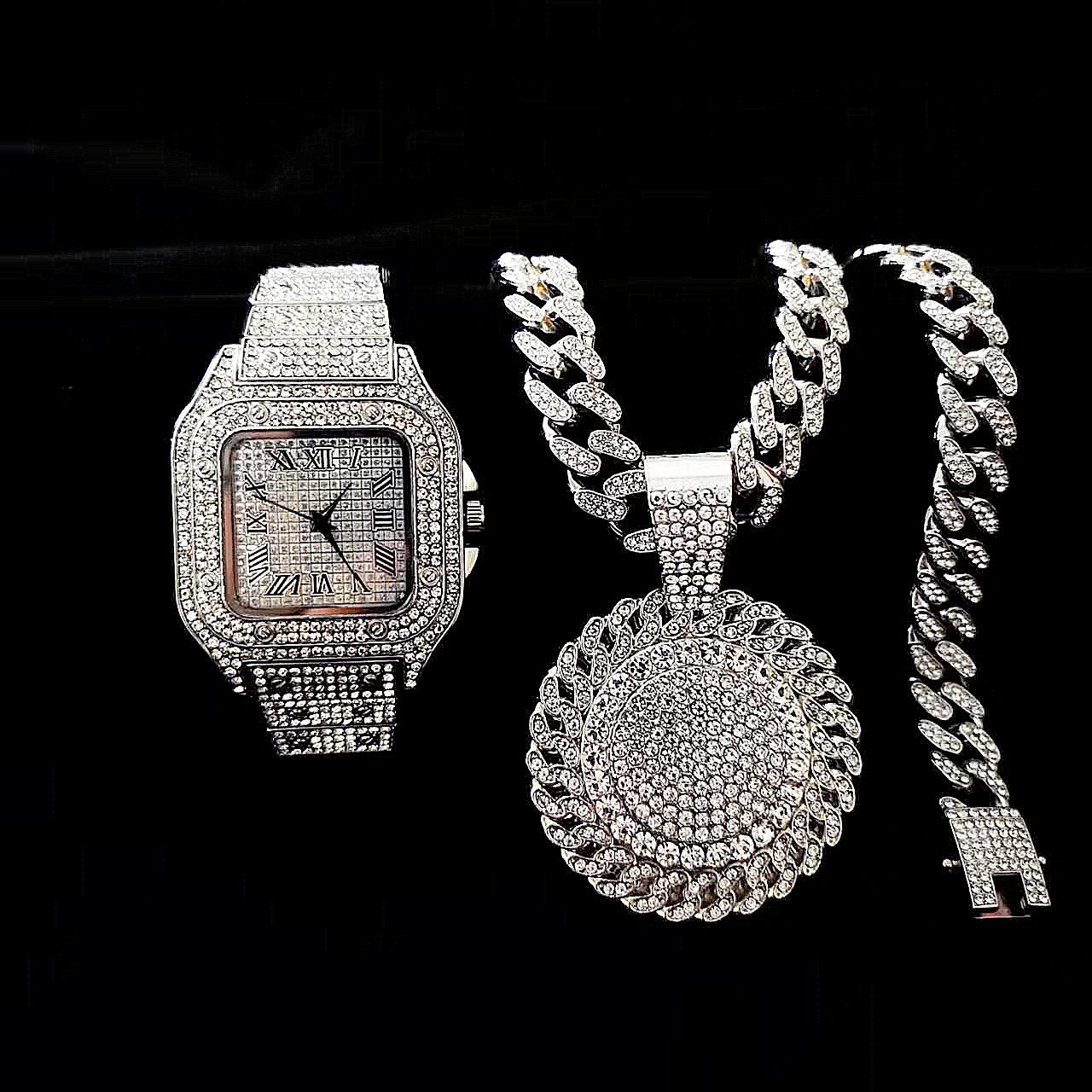 2pcs Iced Out Watch Necklace P - مراجعة Luxury Watch Miami وسعره